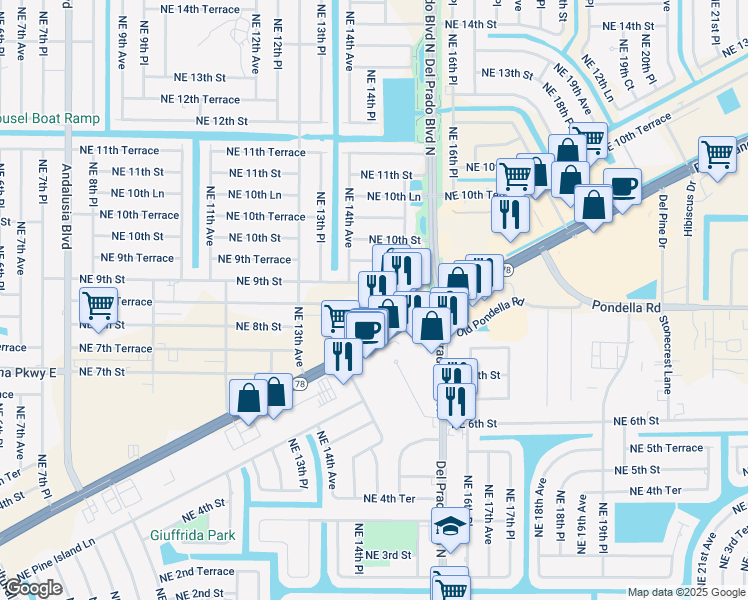 map of restaurants, bars, coffee shops, grocery stores, and more near 1415 Northeast 8th Terrace in Cape Coral