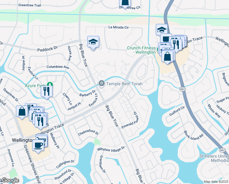 map of restaurants, bars, coffee shops, grocery stores, and more near 13115 Belhaven Court in Wellington
