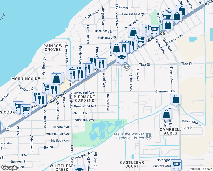 map of restaurants, bars, coffee shops, grocery stores, and more near 532 Wood Avenue in Tice