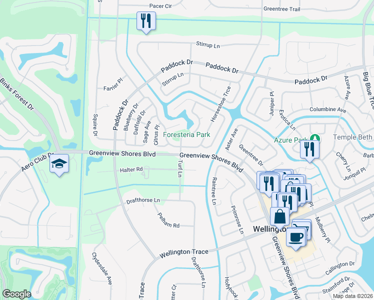 map of restaurants, bars, coffee shops, grocery stores, and more near 14470 Horseshoe Trce in Wellington