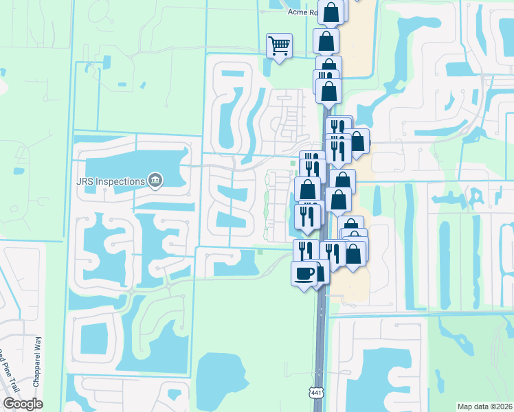 map of restaurants, bars, coffee shops, grocery stores, and more near 132 Lancaster Way in Royal Palm Beach