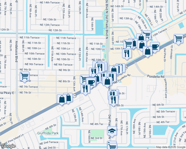 map of restaurants, bars, coffee shops, grocery stores, and more near 1423 Northeast 9th Street in Cape Coral