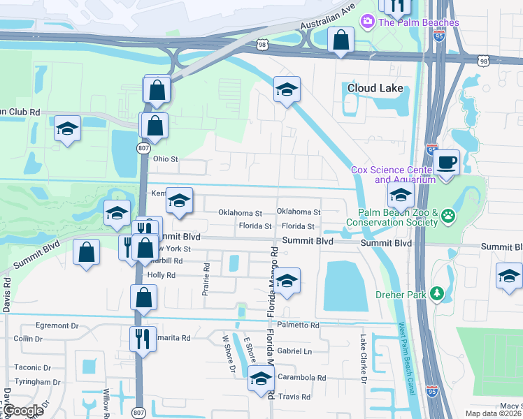 map of restaurants, bars, coffee shops, grocery stores, and more near 2568 Kentucky Street in West Palm Beach