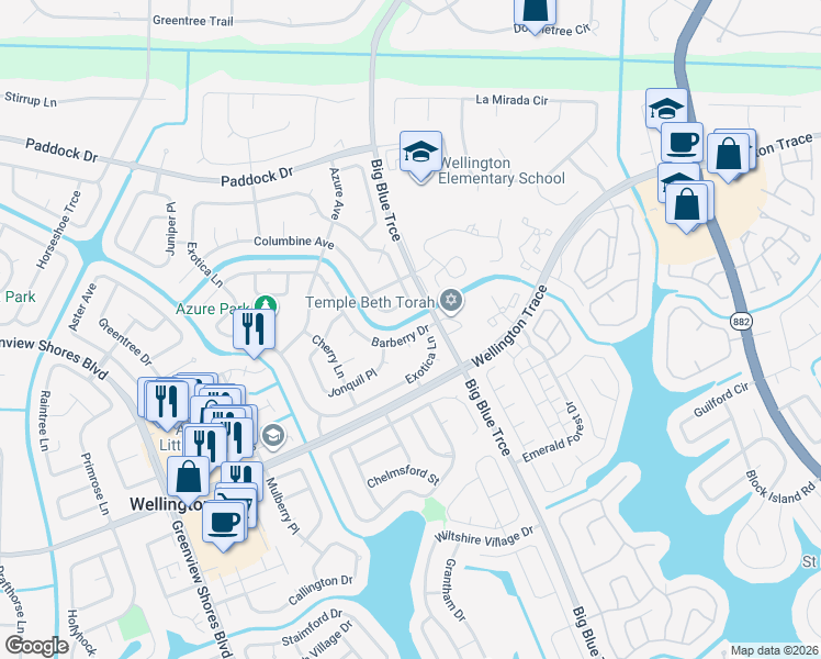 map of restaurants, bars, coffee shops, grocery stores, and more near 13459 Barberry Drive in Wellington