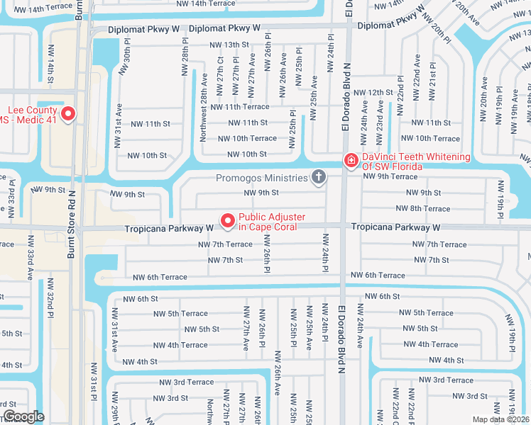 map of restaurants, bars, coffee shops, grocery stores, and more near 2472 Northwest 8th Terrace in Cape Coral