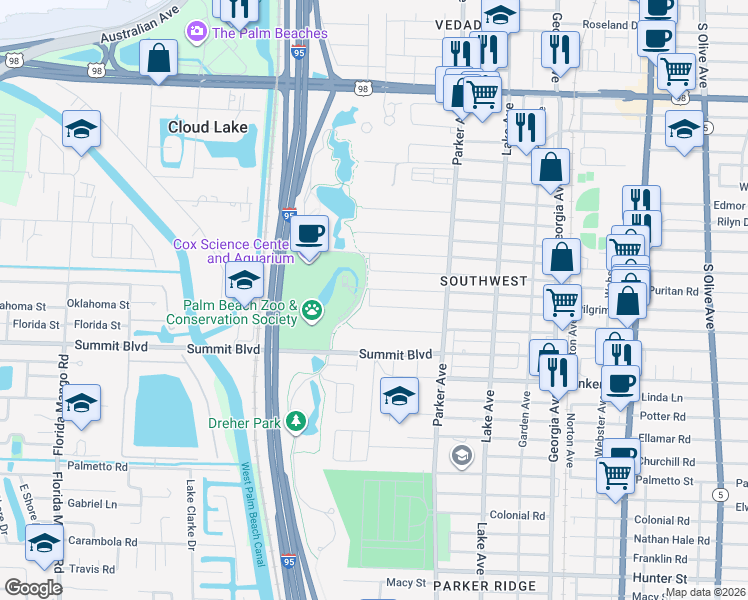 map of restaurants, bars, coffee shops, grocery stores, and more near 4440 Dreher Trail North in West Palm Beach
