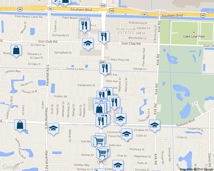 map of restaurants, bars, coffee shops, grocery stores, and more near 610 South Military Trail in West Palm Beach
