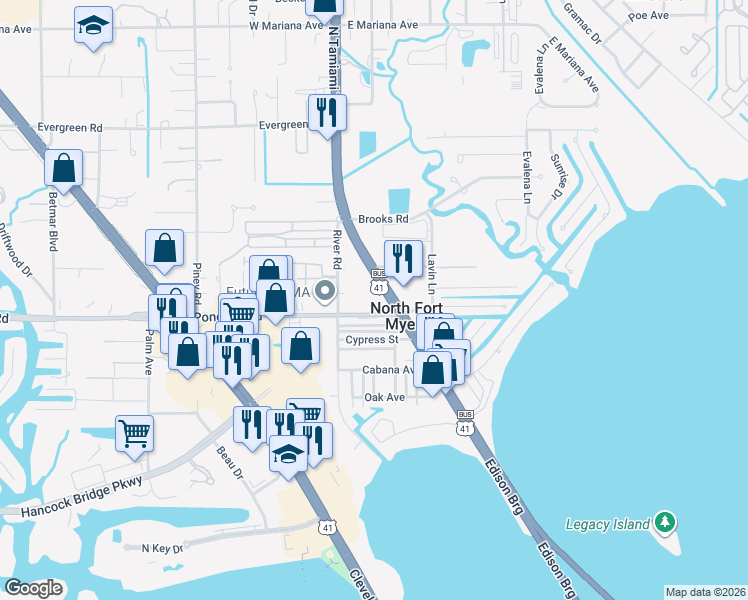 map of restaurants, bars, coffee shops, grocery stores, and more near 1281 North Tamiami Trail in North Fort Myers