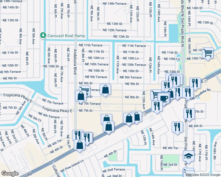 map of restaurants, bars, coffee shops, grocery stores, and more near 1014 Northeast 9th Street in Cape Coral