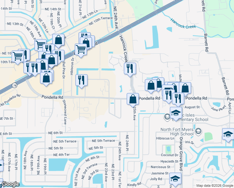 map of restaurants, bars, coffee shops, grocery stores, and more near 950 Hancock Creek South Boulevard in Cape Coral
