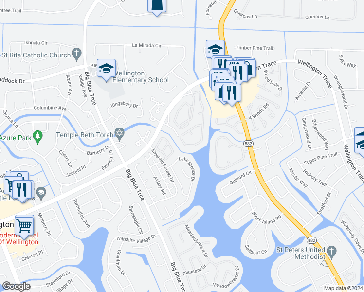 map of restaurants, bars, coffee shops, grocery stores, and more near 872 Lake Wellington Drive in Wellington