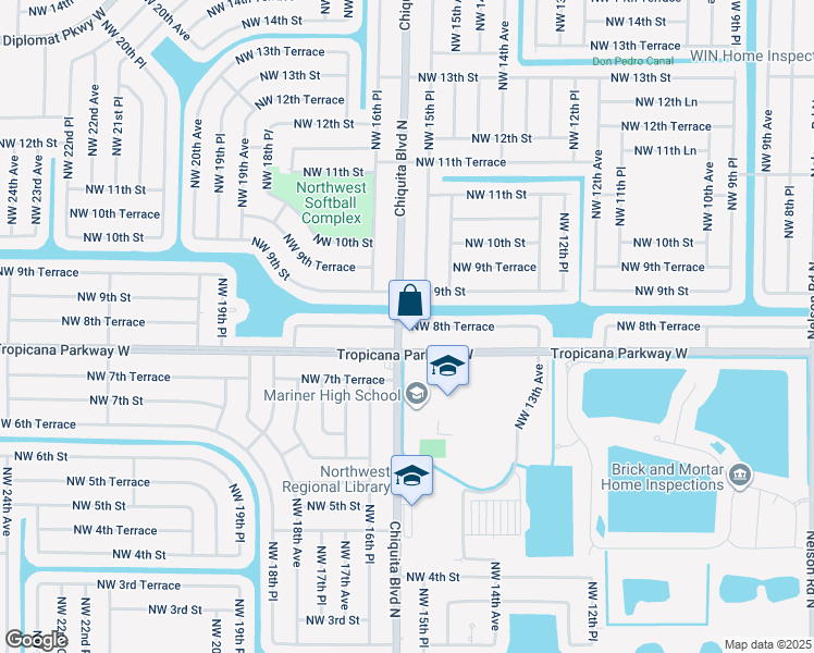 map of restaurants, bars, coffee shops, grocery stores, and more near Northwest 8th Terrace in Cape Coral