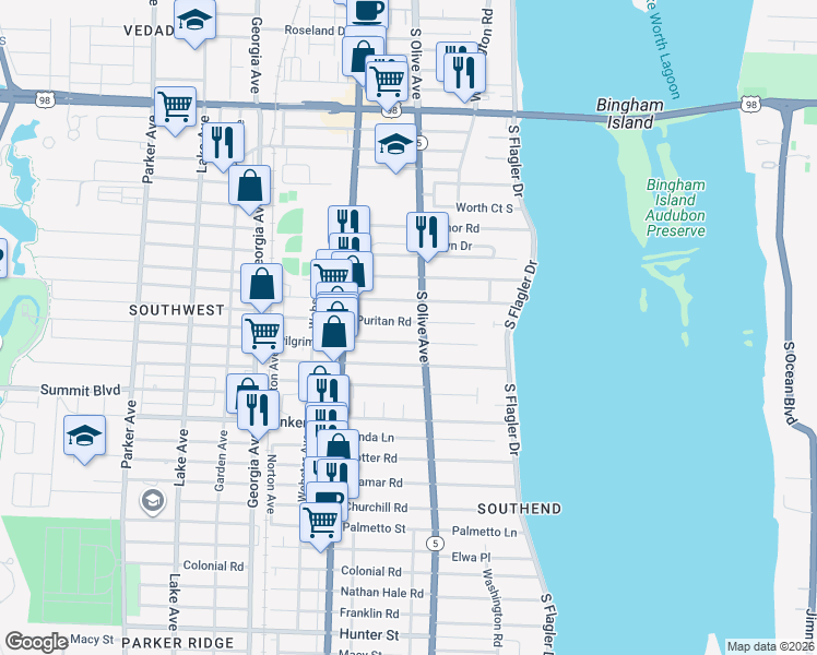 map of restaurants, bars, coffee shops, grocery stores, and more near 329 Puritan Road in West Palm Beach