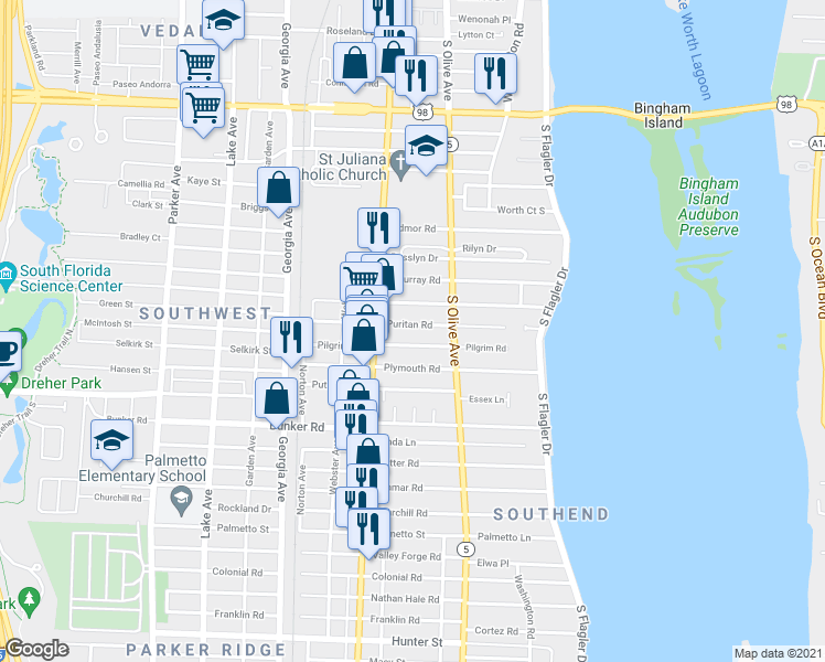 map of restaurants, bars, coffee shops, grocery stores, and more near 329 Puritan Road in West Palm Beach
