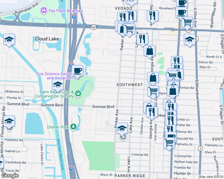 map of restaurants, bars, coffee shops, grocery stores, and more near 911 McIntosh Street in West Palm Beach