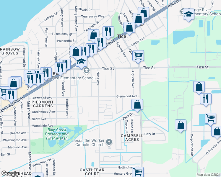 map of restaurants, bars, coffee shops, grocery stores, and more near 564 Carolina Avenue in Fort Myers
