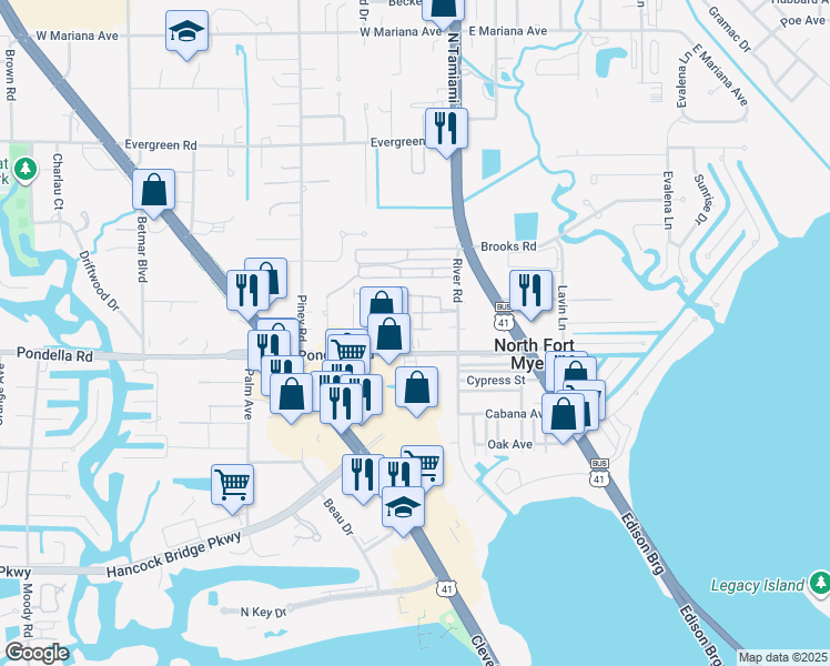 map of restaurants, bars, coffee shops, grocery stores, and more near 33 Ligonier Drive in North Fort Myers