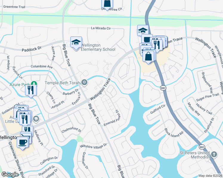 map of restaurants, bars, coffee shops, grocery stores, and more near 921 Honeytree Lane in Wellington