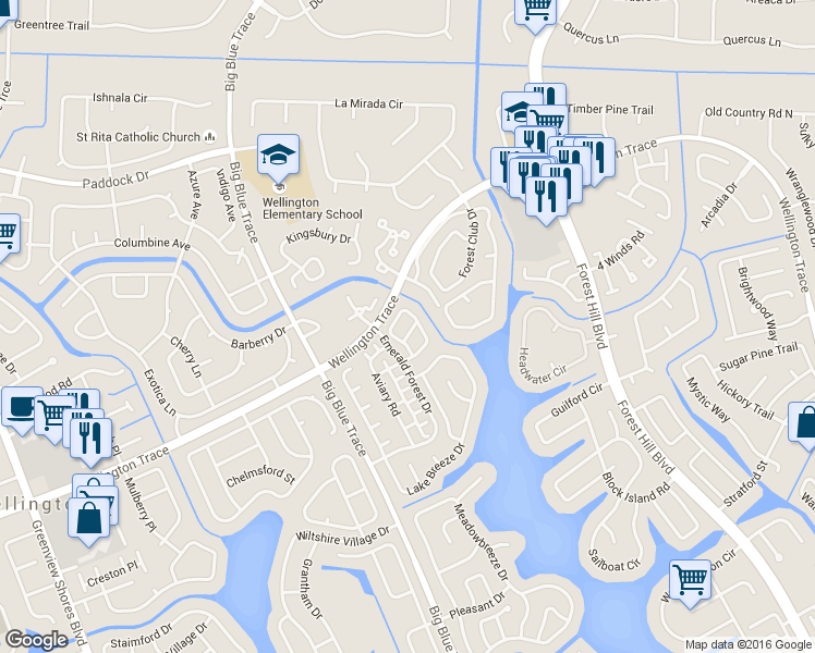 map of restaurants, bars, coffee shops, grocery stores, and more near 921 Honeytree Lane in Wellington