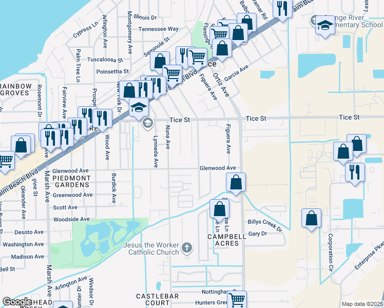 map of restaurants, bars, coffee shops, grocery stores, and more near 582 Thomas Avenue in Tice