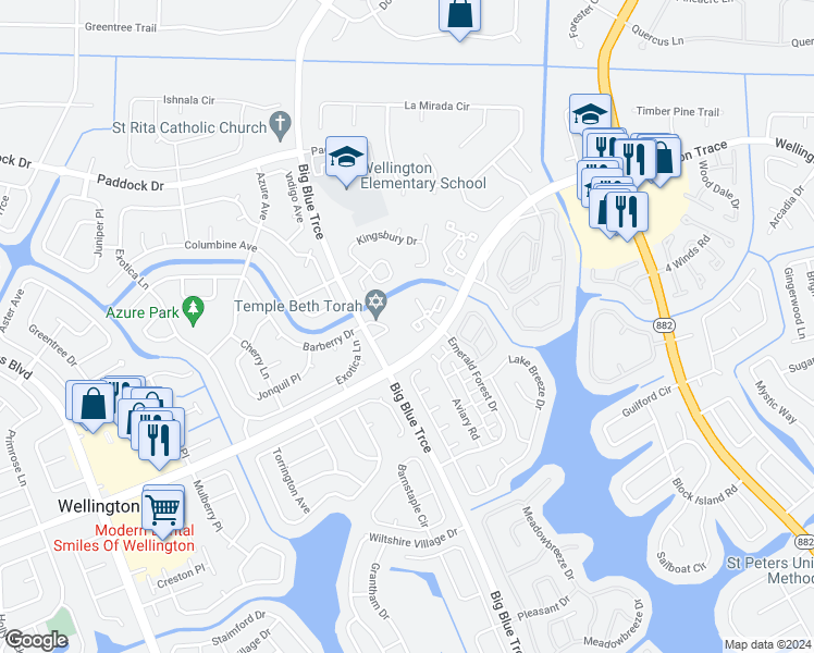 map of restaurants, bars, coffee shops, grocery stores, and more near 13115 Belhaven Court in Wellington