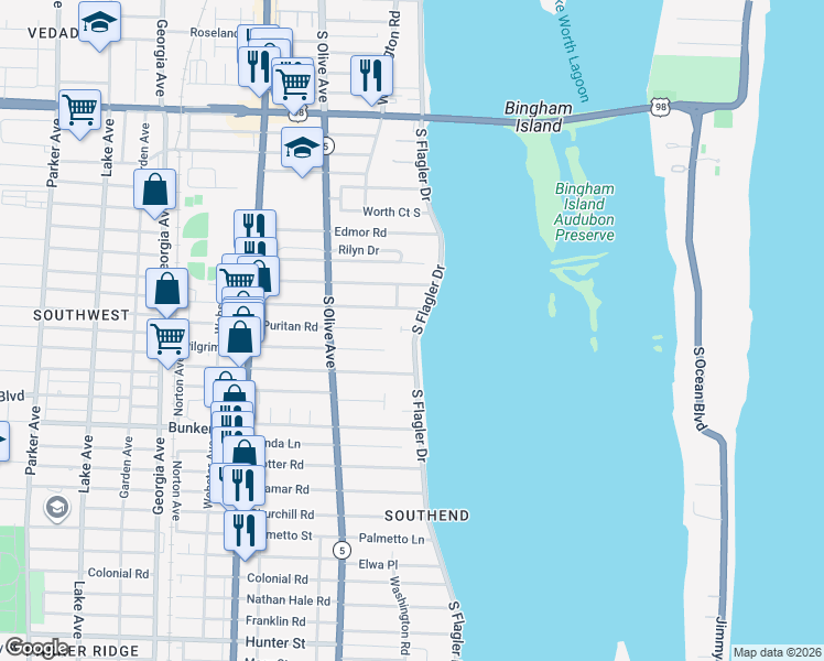 map of restaurants, bars, coffee shops, grocery stores, and more near 129 South Flagler Way in West Palm Beach