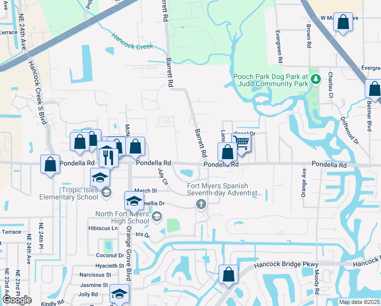 map of restaurants, bars, coffee shops, grocery stores, and more near 800 Pondella Road in North Fort Myers