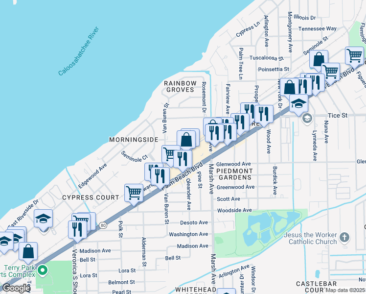 map of restaurants, bars, coffee shops, grocery stores, and more near 519 Van Buren Street in Fort Myers