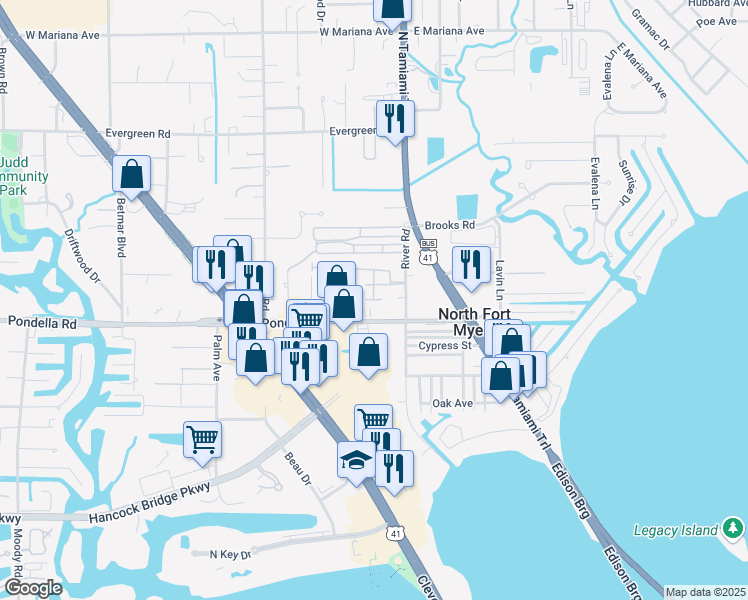 map of restaurants, bars, coffee shops, grocery stores, and more near 28 Fletcher Drive in North Fort Myers