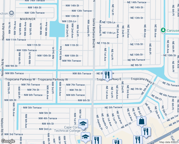 map of restaurants, bars, coffee shops, grocery stores, and more near 9 Northwest 8th Terrace in Cape Coral