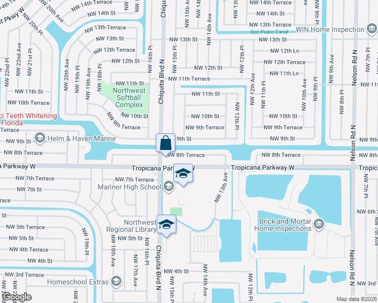 map of restaurants, bars, coffee shops, grocery stores, and more near 1501 Northwest 8th Terrace in Cape Coral