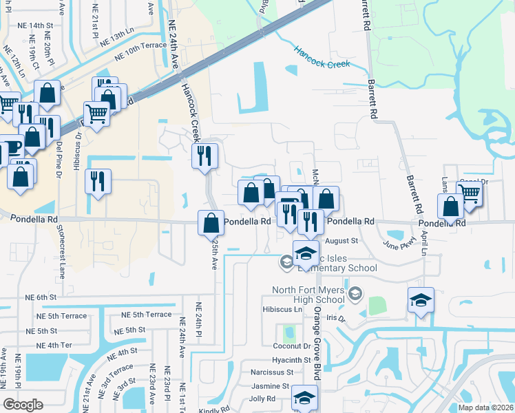 map of restaurants, bars, coffee shops, grocery stores, and more near 14081 Henkler Street in North Fort Myers