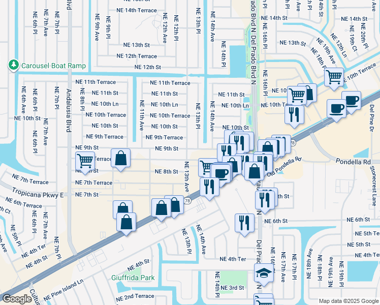 map of restaurants, bars, coffee shops, grocery stores, and more near 1310 Northeast 9th Street in Cape Coral