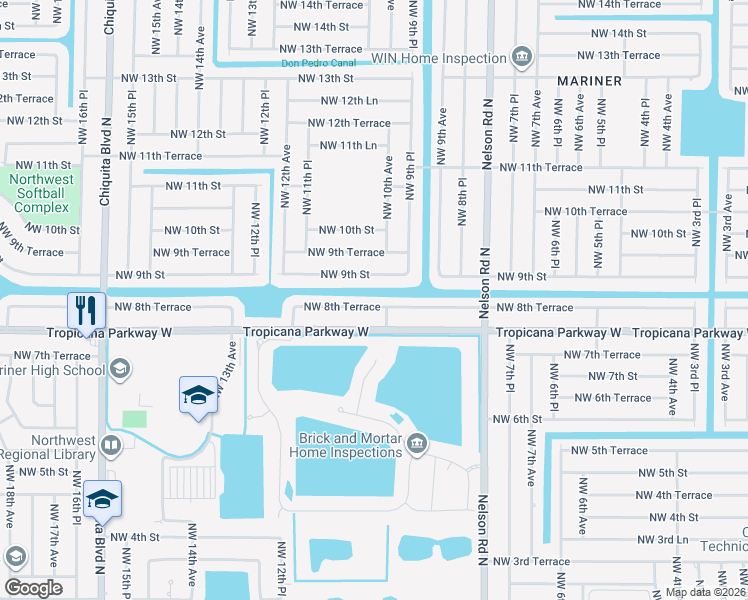 map of restaurants, bars, coffee shops, grocery stores, and more near 1015 Northwest 8th Terrace in Cape Coral
