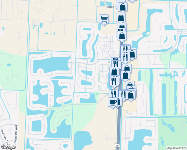 map of restaurants, bars, coffee shops, grocery stores, and more near 127 Lancaster Way in Royal Palm Beach