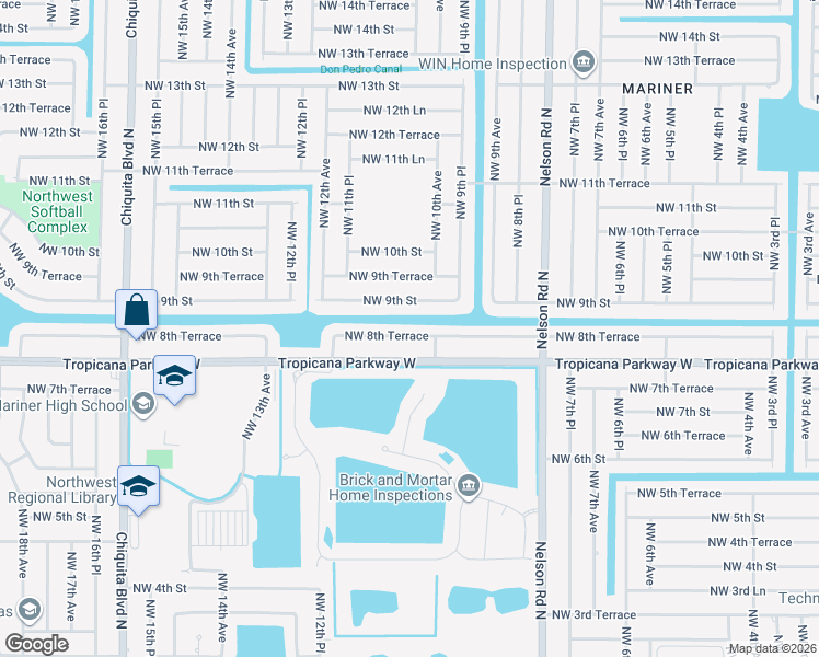 map of restaurants, bars, coffee shops, grocery stores, and more near 1015 Northwest 8th Terrace in Cape Coral