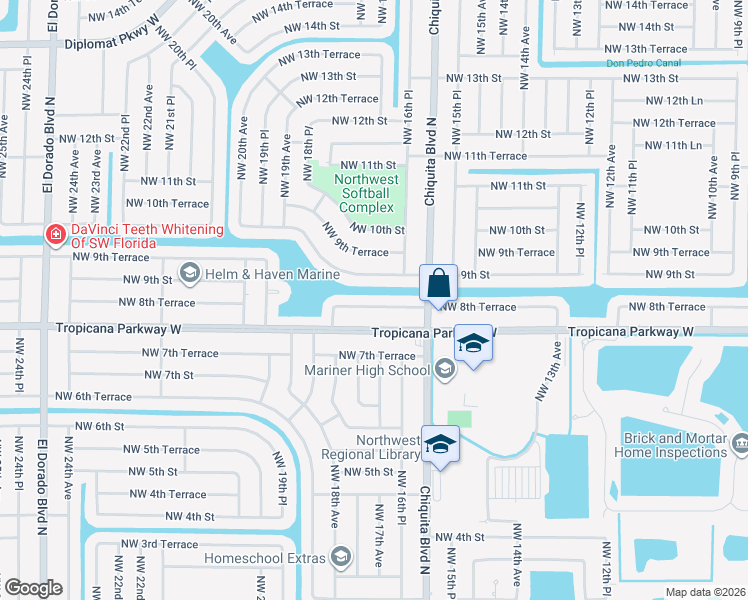 map of restaurants, bars, coffee shops, grocery stores, and more near 1701 Northwest 8th Terrace in Cape Coral