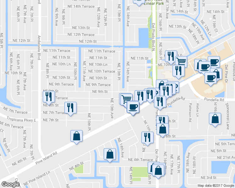 map of restaurants, bars, coffee shops, grocery stores, and more near 1310 Northeast 9th Street in Cape Coral