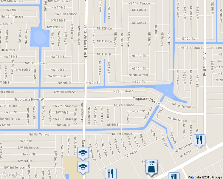 map of restaurants, bars, coffee shops, grocery stores, and more near 125 Northeast 8th Terrace in Cape Coral