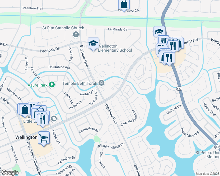 map of restaurants, bars, coffee shops, grocery stores, and more near 13115 Belhaven Court in Wellington