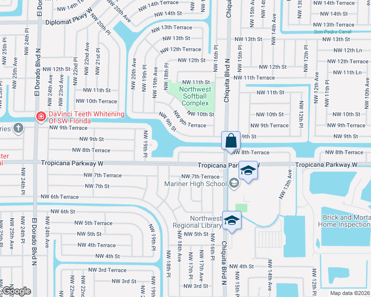 map of restaurants, bars, coffee shops, grocery stores, and more near 1729 Northwest 8th Terrace in Cape Coral