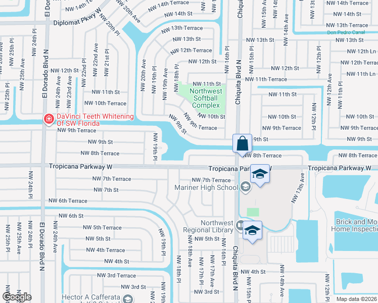 map of restaurants, bars, coffee shops, grocery stores, and more near 1729 Northwest 8th Terrace in Cape Coral