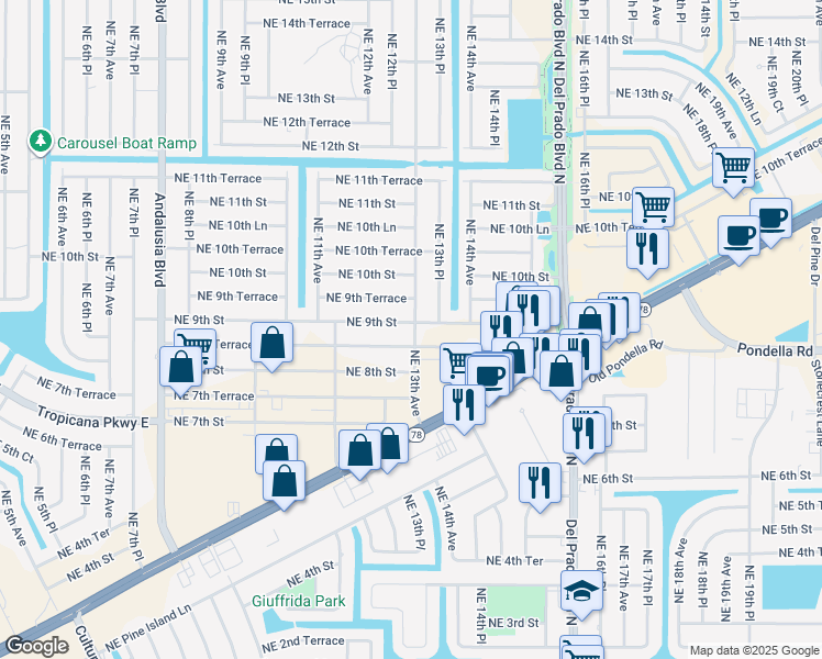 map of restaurants, bars, coffee shops, grocery stores, and more near 1216 Northeast 9th Street in Cape Coral