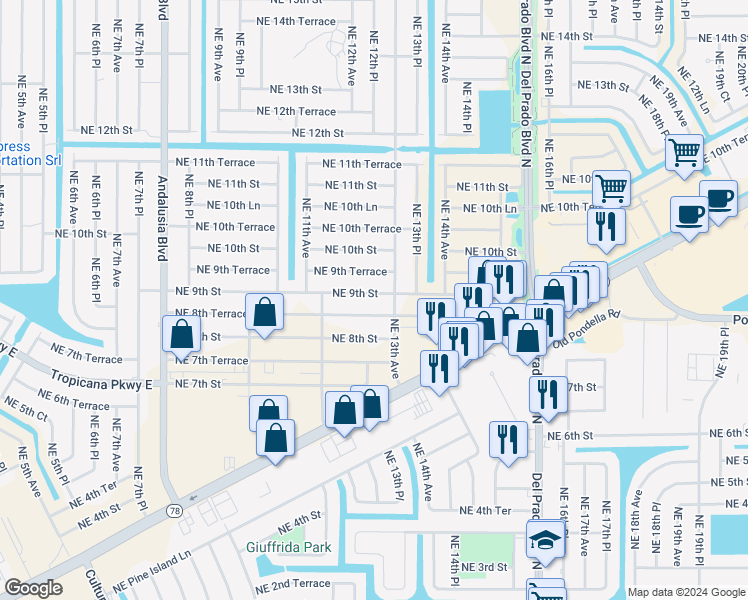 map of restaurants, bars, coffee shops, grocery stores, and more near 1216 Northeast 9th Street in Cape Coral