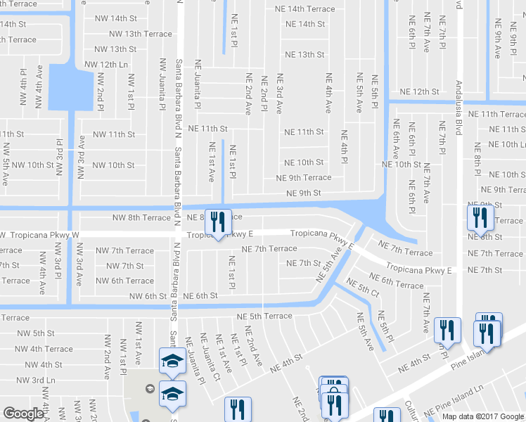 map of restaurants, bars, coffee shops, grocery stores, and more near 217 Northeast 8th Terrace in Cape Coral
