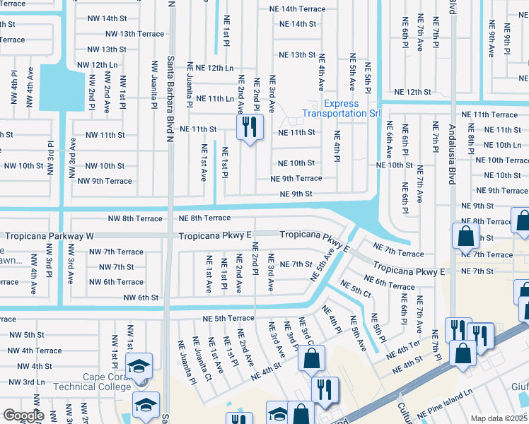 map of restaurants, bars, coffee shops, grocery stores, and more near 217 Northeast 8th Terrace in Cape Coral