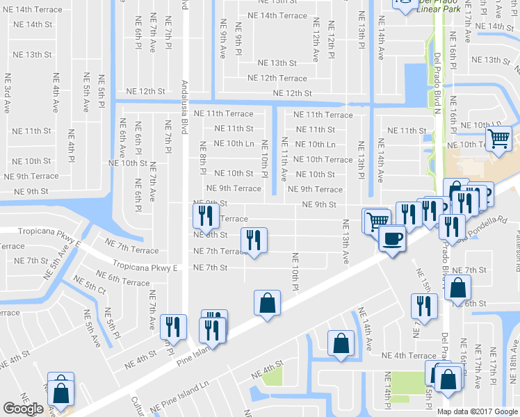 map of restaurants, bars, coffee shops, grocery stores, and more near 1014 Northeast 9th Street in Cape Coral