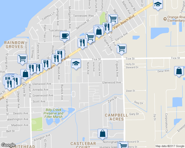 map of restaurants, bars, coffee shops, grocery stores, and more near 570 Ione Avenue in Fort Myers