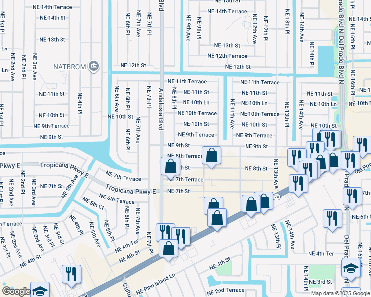 map of restaurants, bars, coffee shops, grocery stores, and more near 820 Northeast 9th Terrace in Cape Coral
