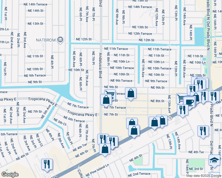 map of restaurants, bars, coffee shops, grocery stores, and more near 820 Northeast 9th Terrace in Cape Coral